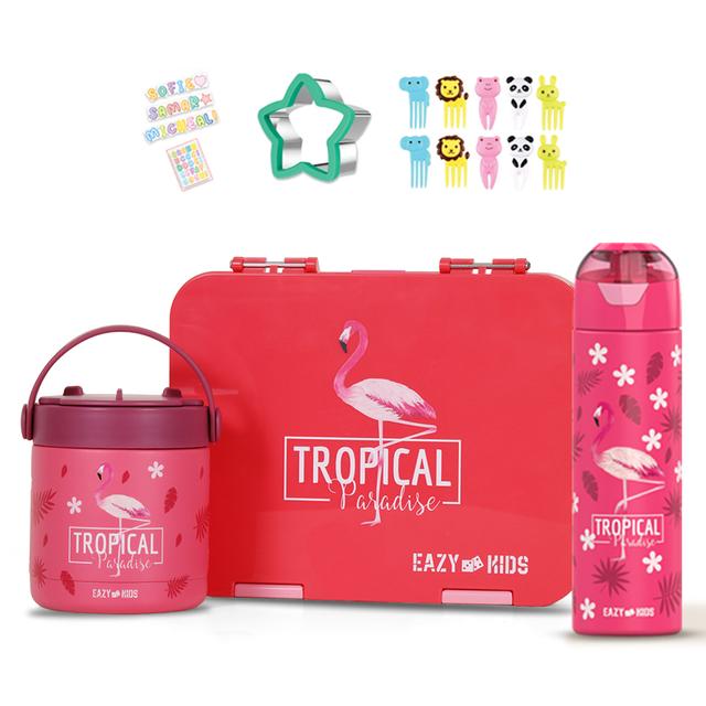 Eazy Kids - Bento Box With Bottle, Food Jar And Accessory Set - Tropical Pink - 3pcs