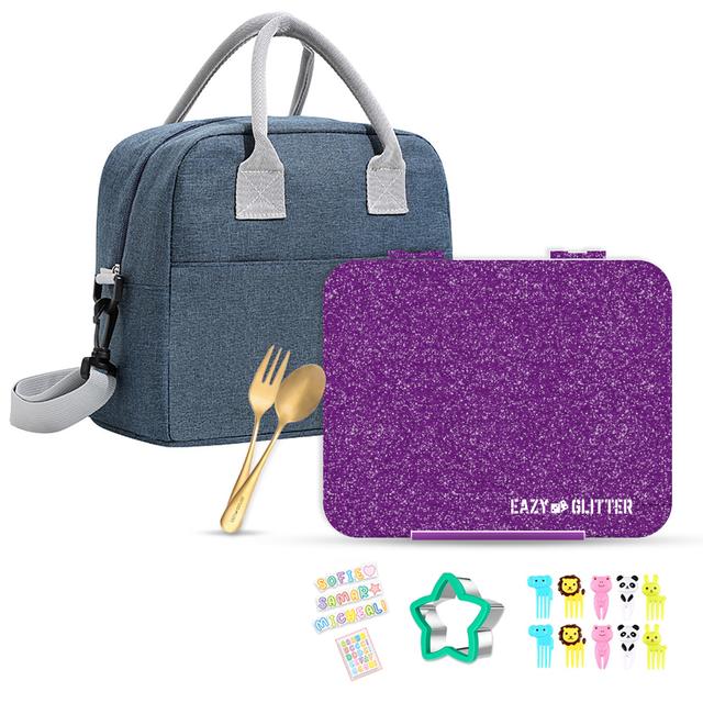 Eazy Kids - Bento Box With Lunch Bag And Accessory Set - Glitter Purple