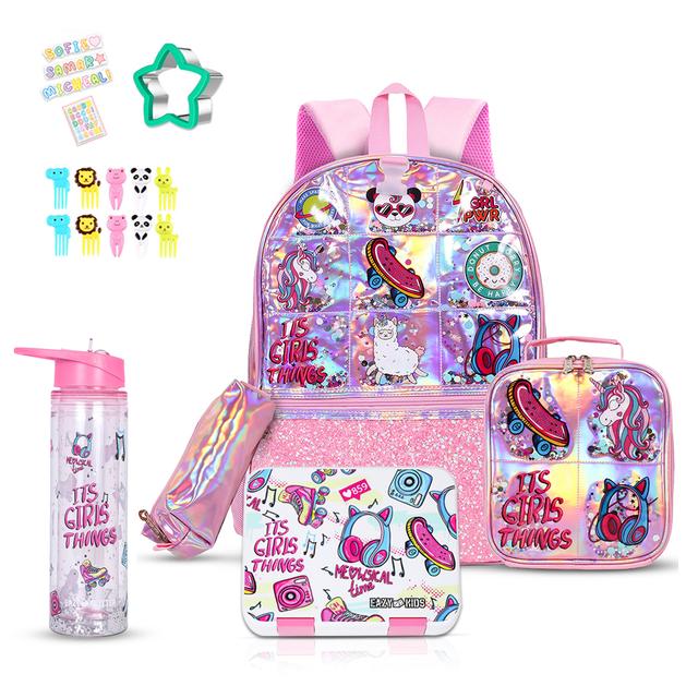 Eazy Kids - Girl Thing School Backpack And Accessory Set - Glitter Pink - 5pcs