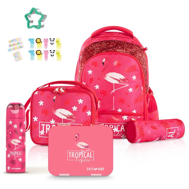 Eazy Kids - School Backpack With Lunch Kit And Accessory Set - Tropical Pink - 5pcs