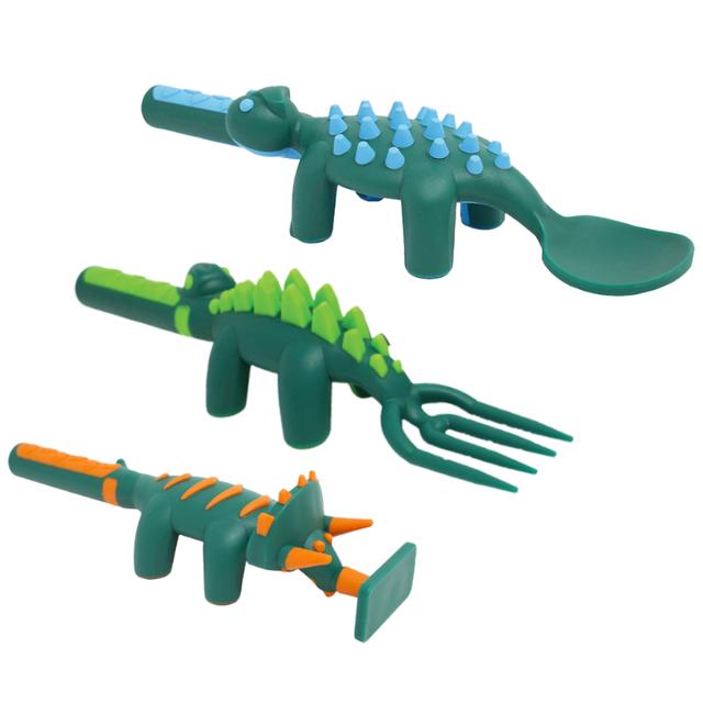 Eazy Kids - Spoon, Fork And Pusher Set - Dark Green - Dinosaur