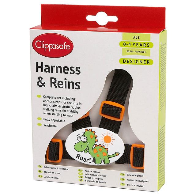 Clippasafe Designer "Dinosaur" Harness & Reins-Black/Orange