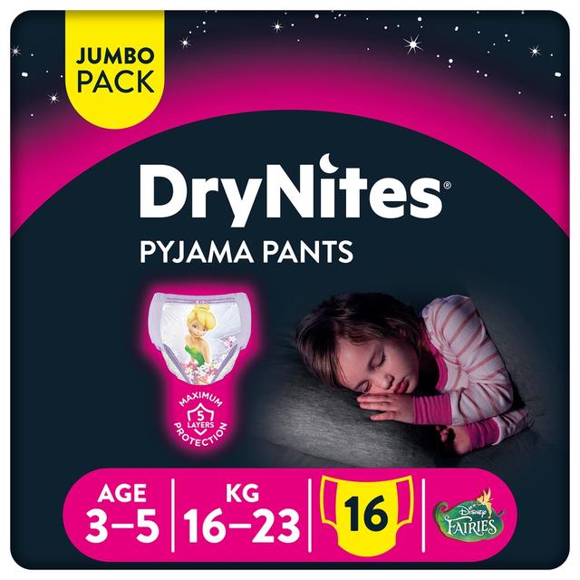 Huggies - DryNites Pyjama Pants, 3-5 years, Bed Wetting Diaper, Girl, 16-23 kg, Jumbo Pack, 16 Pants