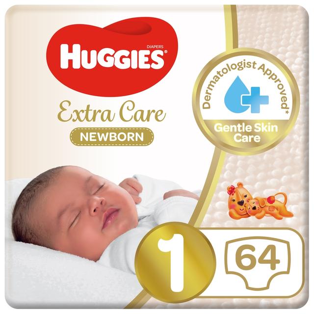 Huggies - Extra Care Newborn, Size 1, Up to 5 kg, Jumbo Pack, 64 Diapers