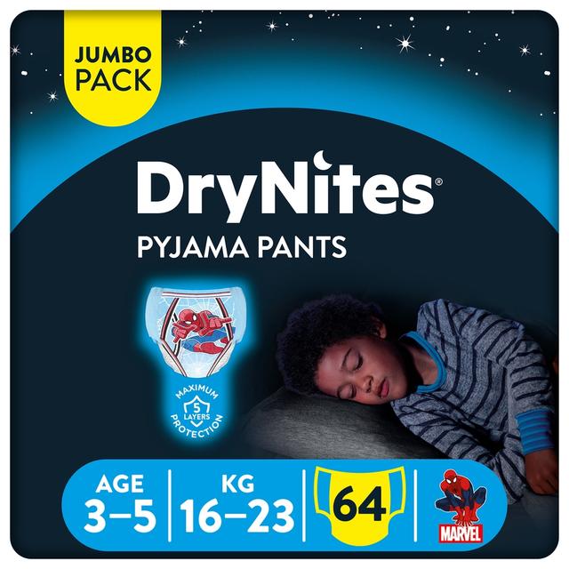 Huggies - DryNites Pyjama Pants, 3-5 years, Bed Wetting Diaper, Boy, 16-23 kg, 4 x Jumbo Packs, 64 Pants