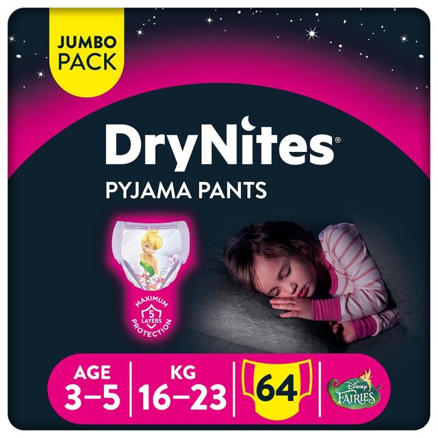 Huggies - DryNites Pyjama Pants, 3-5 years, Bed Wetting Diaper, Girl, 16-23 kg, 4 x Jumbo Packs, 64 Pants