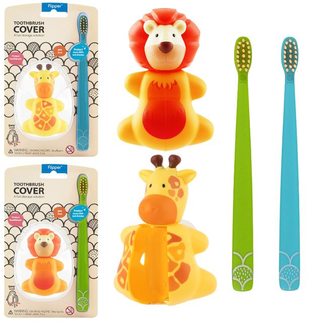 Flipper - Hygienic Toothbrush With Toothbrush Cover Combo - Giraffe & Lion Fun Pack - 4pcs