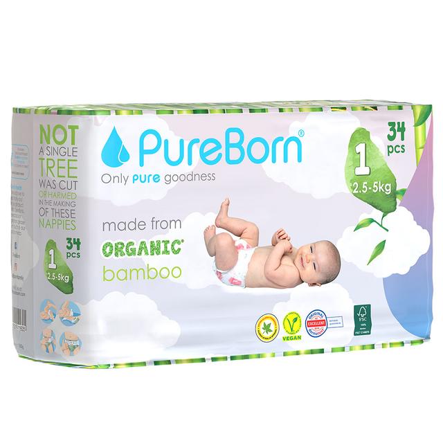 Pureborn - Single Pack Nappies Size 1 - 2.5-5kg - 34pcs