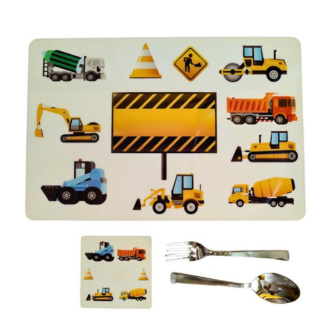 Tiny Tots - Construction Theme Rubber Placemat w/ MDF Coaster & Cutlery