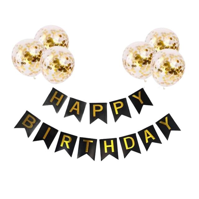 Highland - Black Happy Birthday Banner & Golden Confetti Balloon Set 9pc