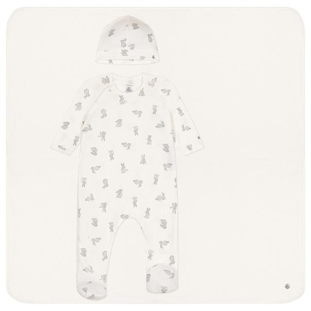 Petit Bateau - 3pc-Set - Baby's Muslin, Cotton Sleepsuit And Hat - White/Grey