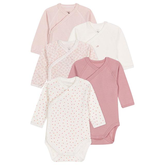 Petit Bateau - 5pc-Set - Baby's Long Sleeves Wrapover Cotton Bodysuits - Pink