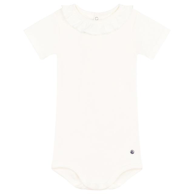 Petit Bateau - Baby's Short Sleeves Cotton Ruffle Neck Bodysuit - White