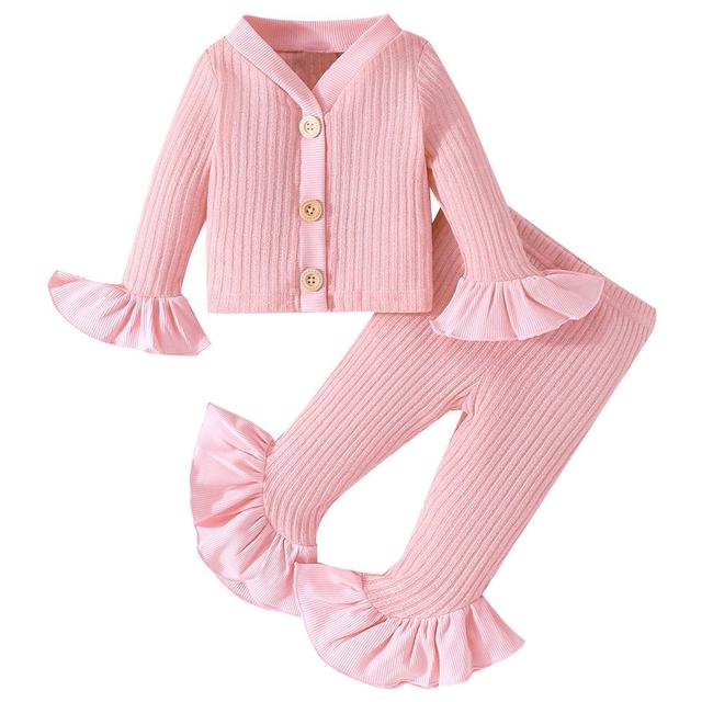 Sugar Rush - 2pc-Set - Solid V-Neck Top & Flared Pants - Pink