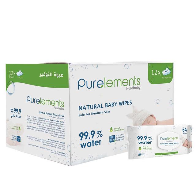 Purelements - Aloe Natural 99.9% Water Wipes - Pack of 12 - 768pcs