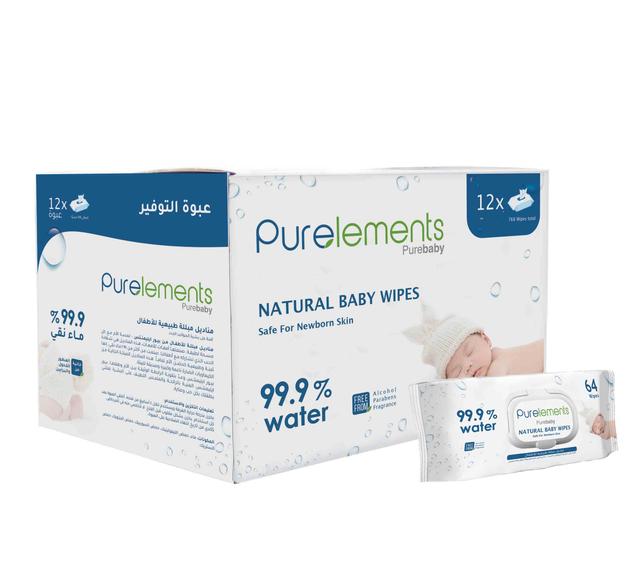 Purelements - Natural 99.9% Water Wipes - Pack of 12 - 768pcs