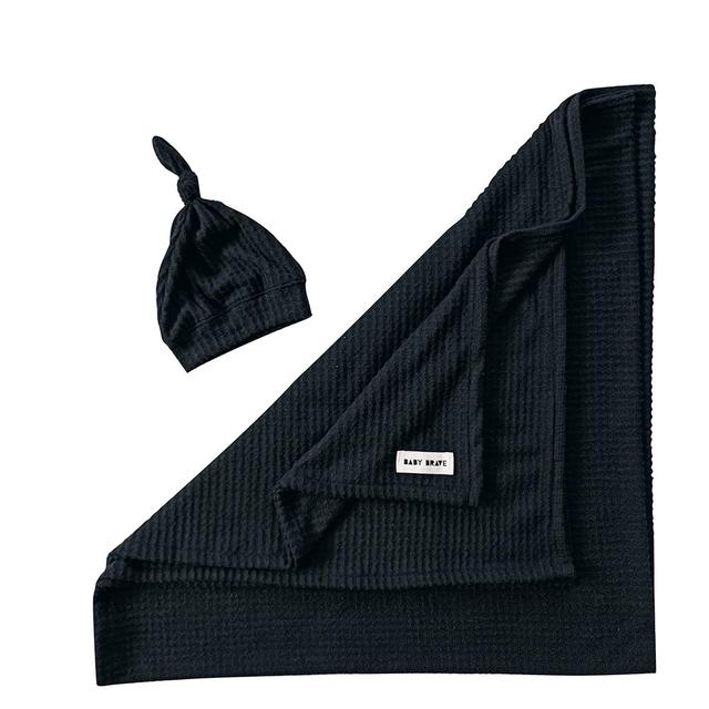 Baby Brave - 2pc-Set - Waffle Knit Blanket And Hat - Black