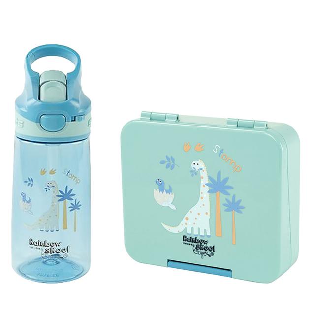 Rainbow Skool - Blue Dinosaur 4 Compartment Mini Lunchbox W/ Dinosaur Straw Kids Water Bottle 450ml