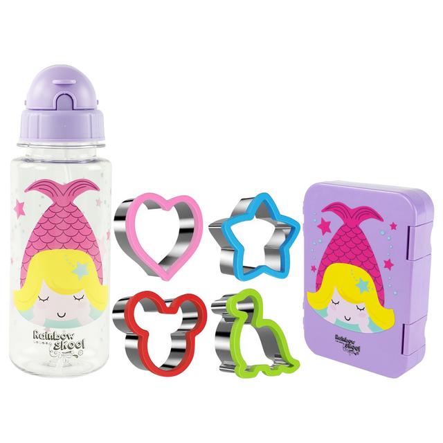 Rainbow Skool - 3pc-Set - Mermaid 4 Compartment Mini Lunchbox W/ Water Bottles 500ml & 4pcs Sandwich Cutters