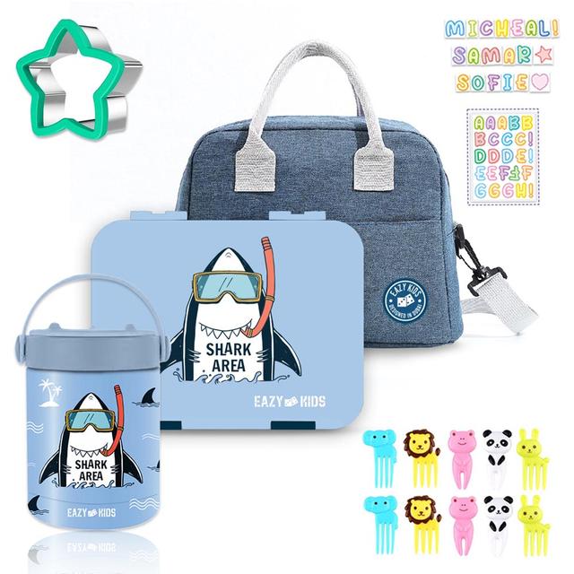 Eazy Kids - 4 Compartment Bento Box w/ Lunch Bag & Food Jar  - Shark