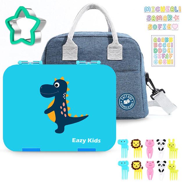 Eazy Kids - 6 Compartment Bento Lunch Box w/ Lunch Bag - Dinosaur Blue