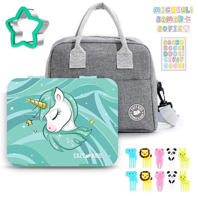 Eazy Kids - 6 Compartment Bento Lunch Box w/ Lunch Bag - Unicorn Grey