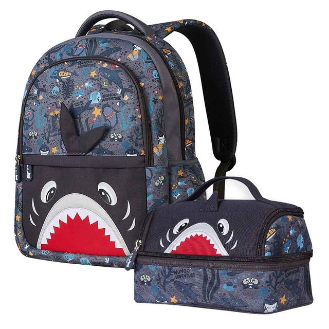 Nohoo - Shark School Backpack With Lunch Bag - Grey - 16-inch