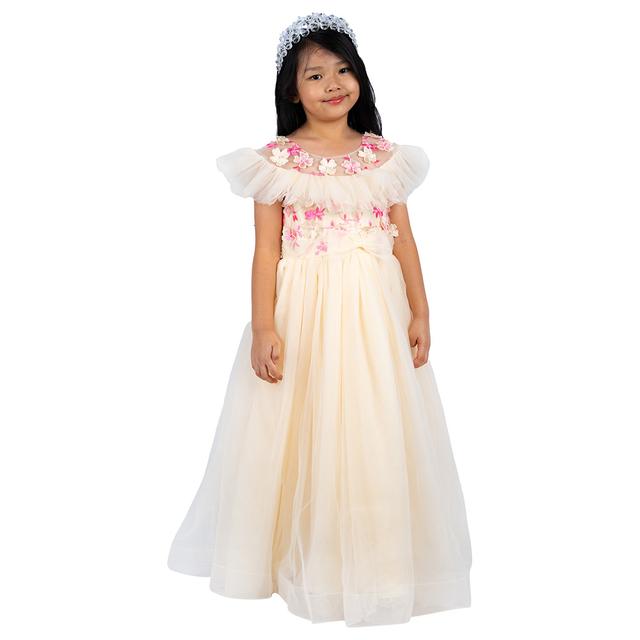 D' Daniela - Girls Fit & Flare Flower Applique Gown - Beige