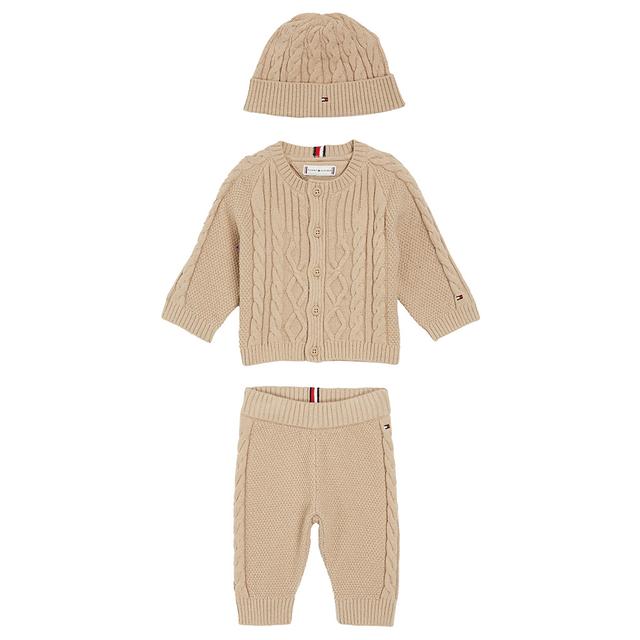 Tommy Hilfiger - 3pc-Set - Baby Cable Knit Matching Suit & Beanie Cap - Beige