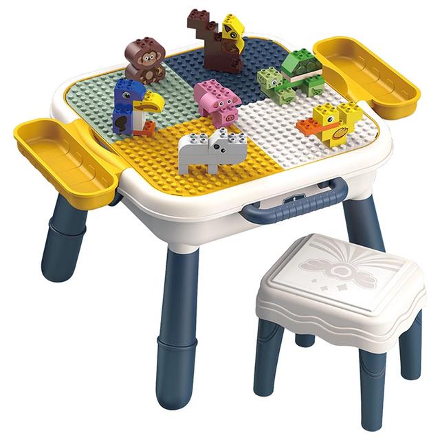 Little Story - 4-in-1 Block Activity Table With Stool And Blocks - Blue