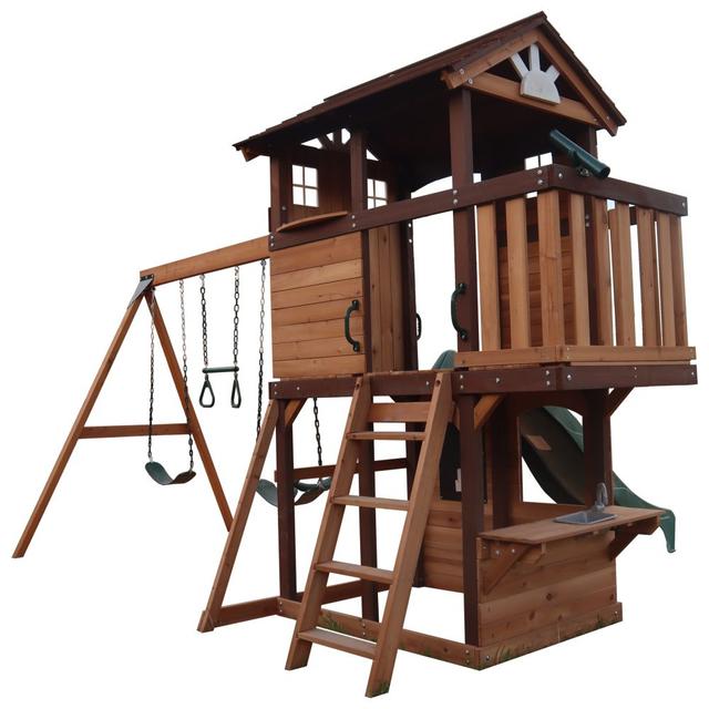 Mountpeak - Elbrus Swing Set And Playhouse With Wooden Roof