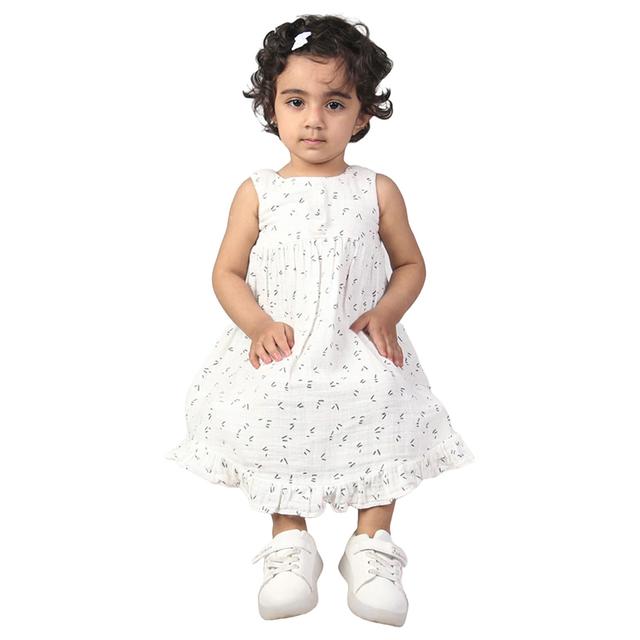 Prokids - Baby Girl's Printed Muslin Frock - White