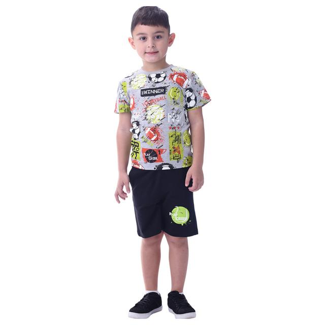 Victor and Jane - 2pc-Set - Boy's Cotton T-Shirt and Shorts - Grey/Black