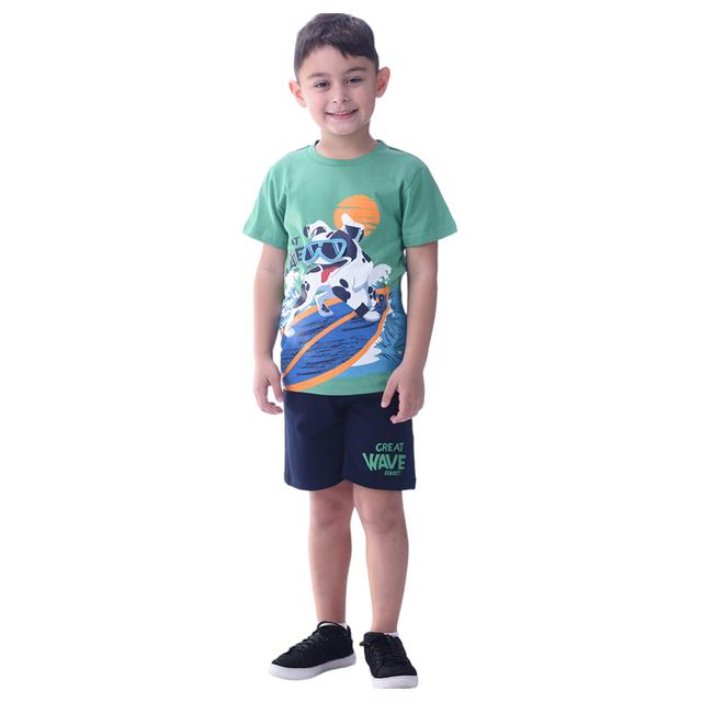 Victor and Jane - 2pc-Set - Boy's Cotton T-Shirt and Shorts - Green/Navy