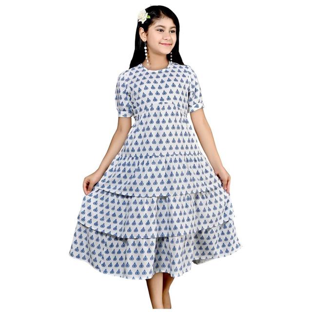 Flower Girl - Girl Round Neck Printed Dress - White/Blue