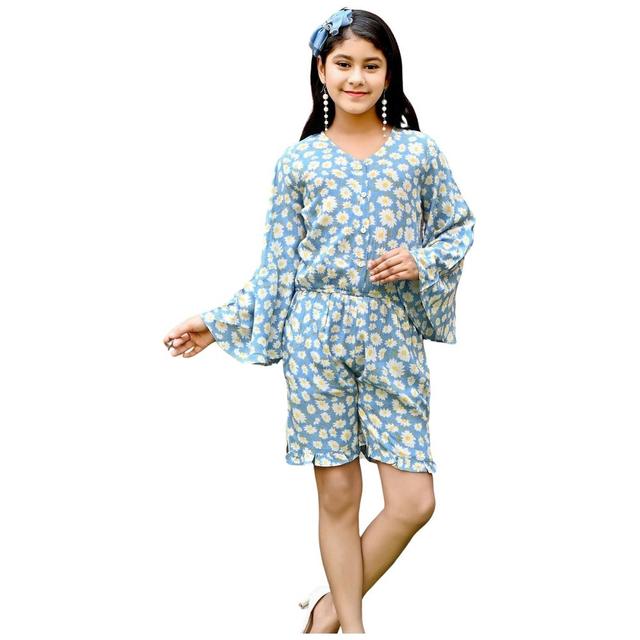 Flower Girl - Girl Printed Playsuit - Blue