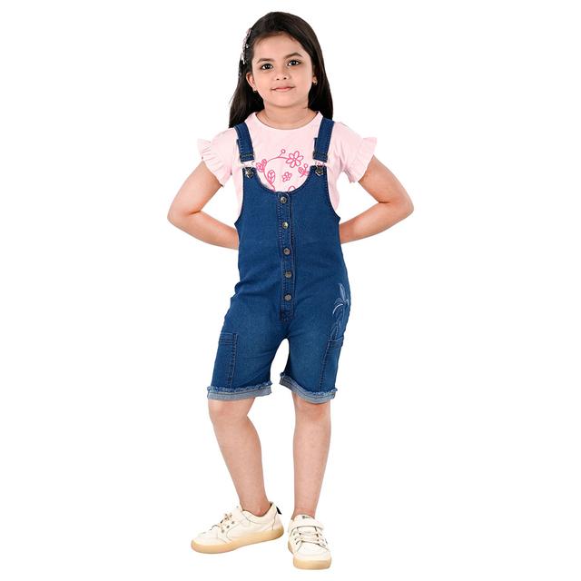 Flower Girl - 2pc-Set - Girl Dungaree And T-Shirt - Pink/Blue