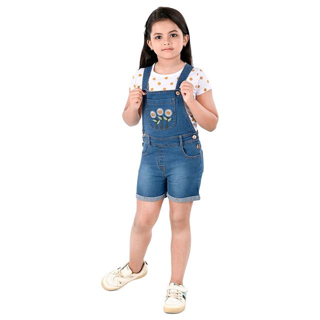 Flower Girl - 2pc-Set - Girl Dungaree And T-Shirt - White/Blue