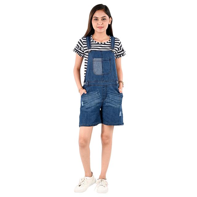 Flower Girl - 2pc-Set - Girl Dungaree And T-Shirt - Black/Blue