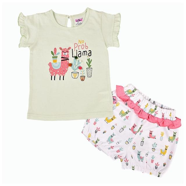 Smart Baby - 2pc-Set - Cotton Top & Knit Shorts - Green/White