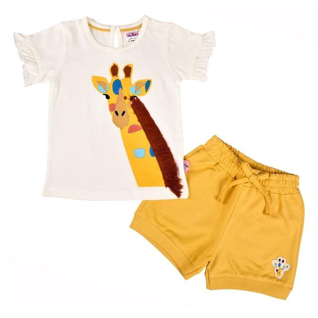 Smart Baby - 2pc-Set - Cotton Top & Knit Shorts - White/Mustard