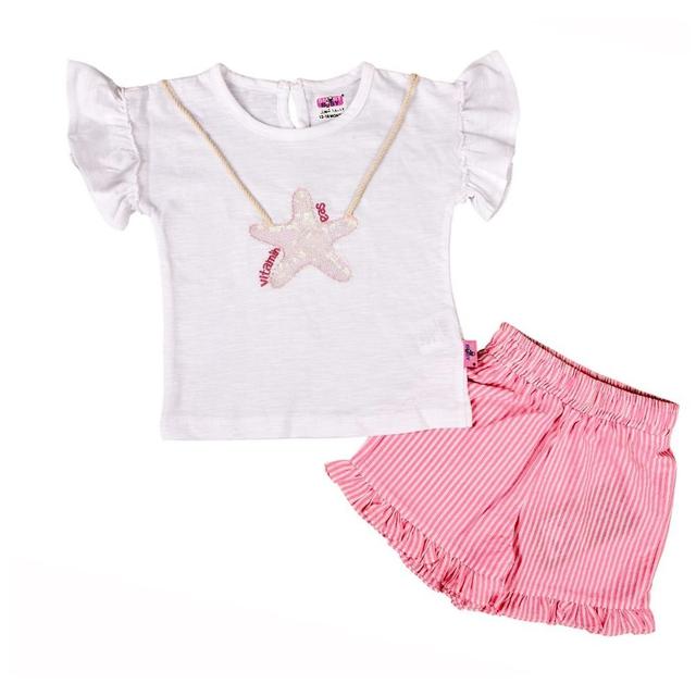 Smart Baby - 2pc-Set - Cotton Top & Woven Shorts - White/Pink