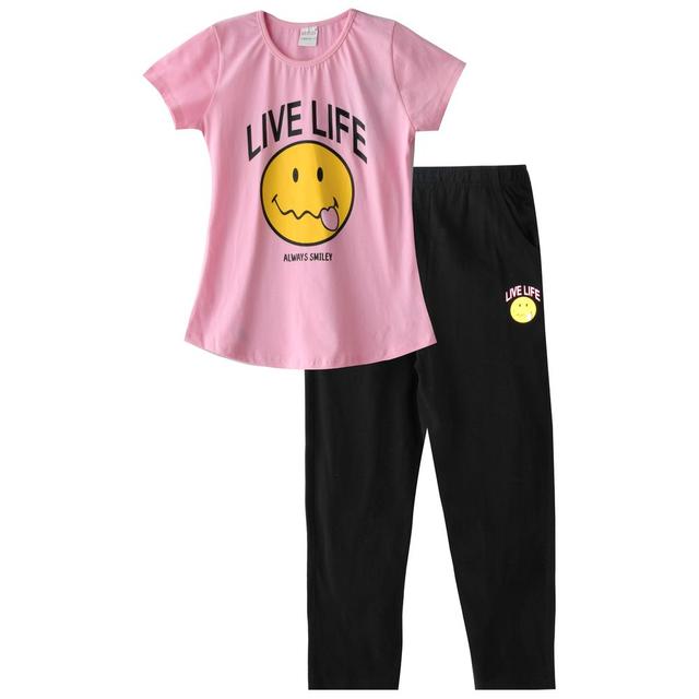 Genius - 2pc-Set - Girl Half Sleeves Top & Pants - Pink/Black