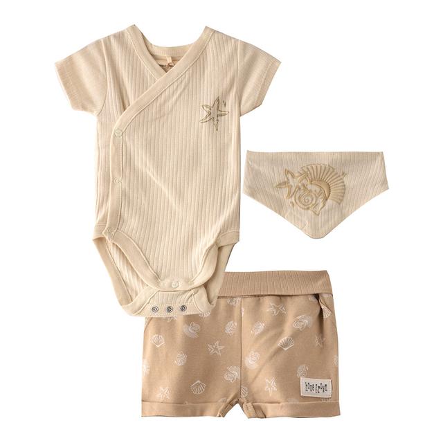 Home Grown - 3pc-Set - Baby Bodysuit, Shorts And Bib - Beige