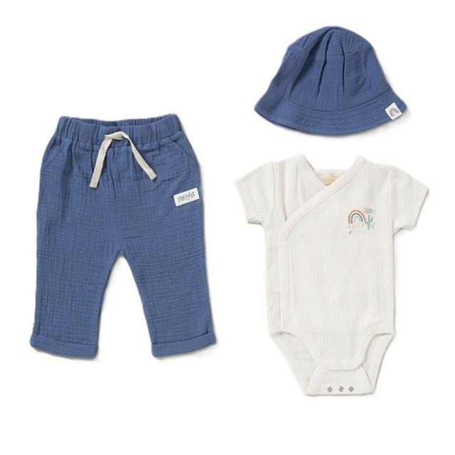 Home Grown - 3pc-Set - Baby Boy Bodysuit, Pants w/ Cap - White/Blue