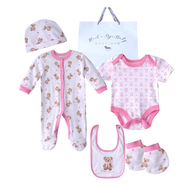 Rock A Bye Baby - 5pc-Set - Baby Girl Bear Gift Set - White/Pink