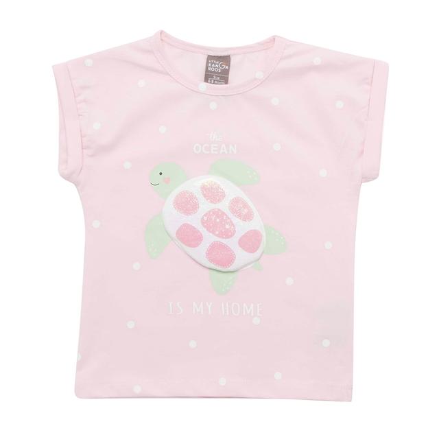 Little Kangaroos - Baby Girl Round Neck Turtle Print T-Shirt - Baby Pink