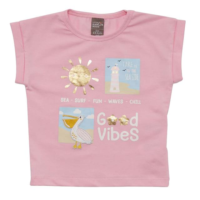 Little Kangaroos - Baby Girl Round Neck Fold Sleeve T-Shirt - Ballet Pink