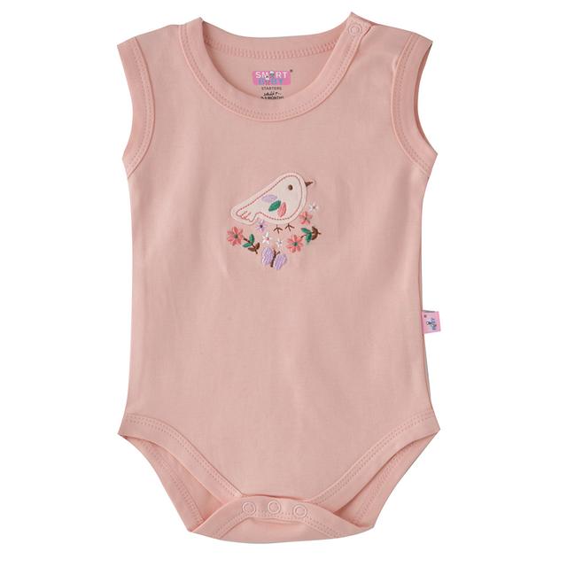 Smart Baby - Baby Girl Bird Embroidery Sleeveless Bodysuit - Pink