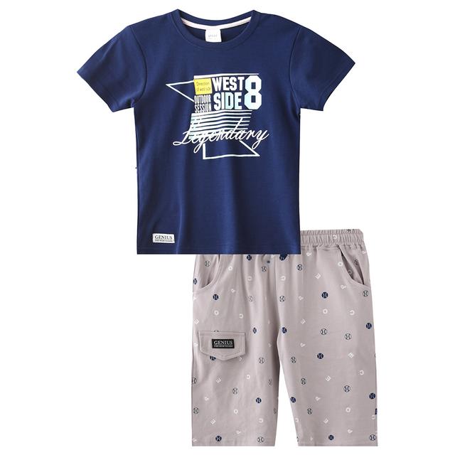 Genius - 2pc-Set - Boy Half Sleeve T-shirt With Bermuda - Navy/Grey